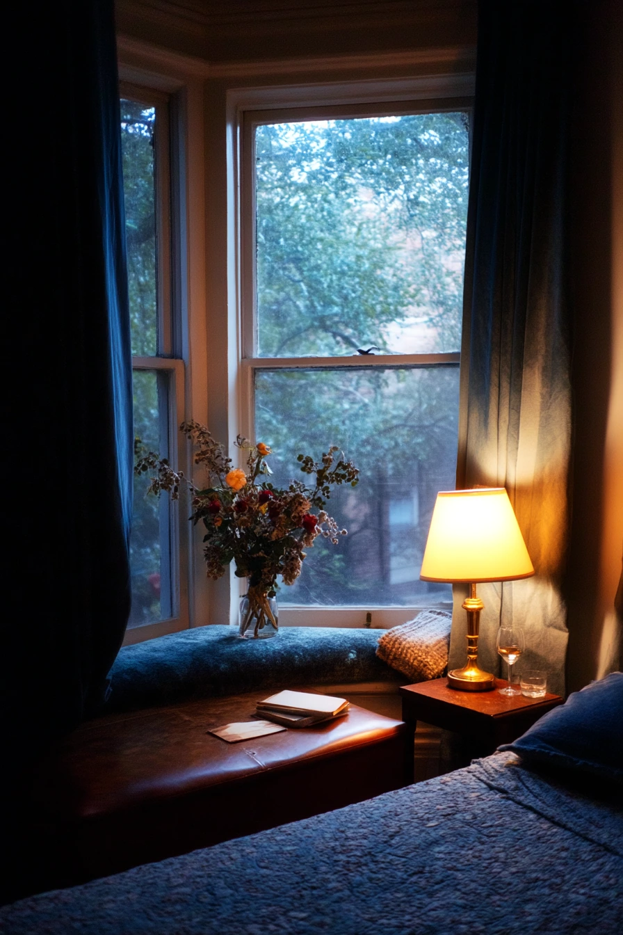 Romantic Bay Window with Soft Evening Lamps