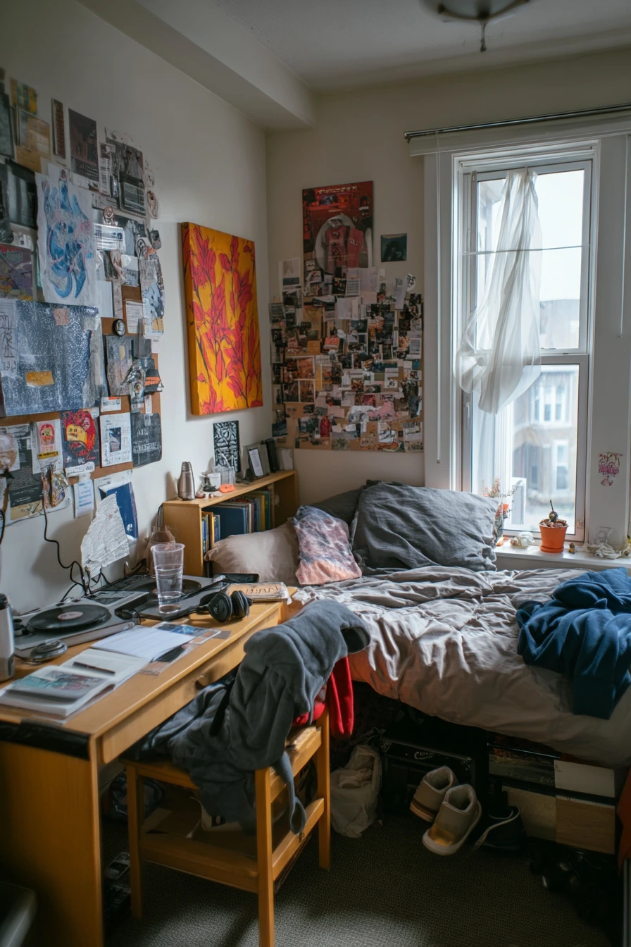 Teen Bedroom with Beige Walls and Mixed Media