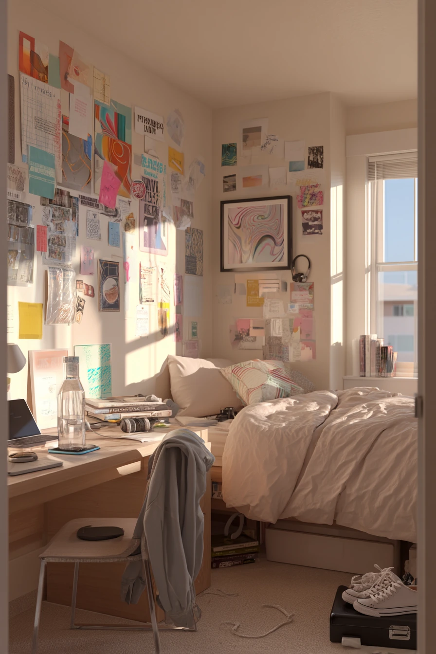 Teen Bedroom with Beige Walls and Mixed Media