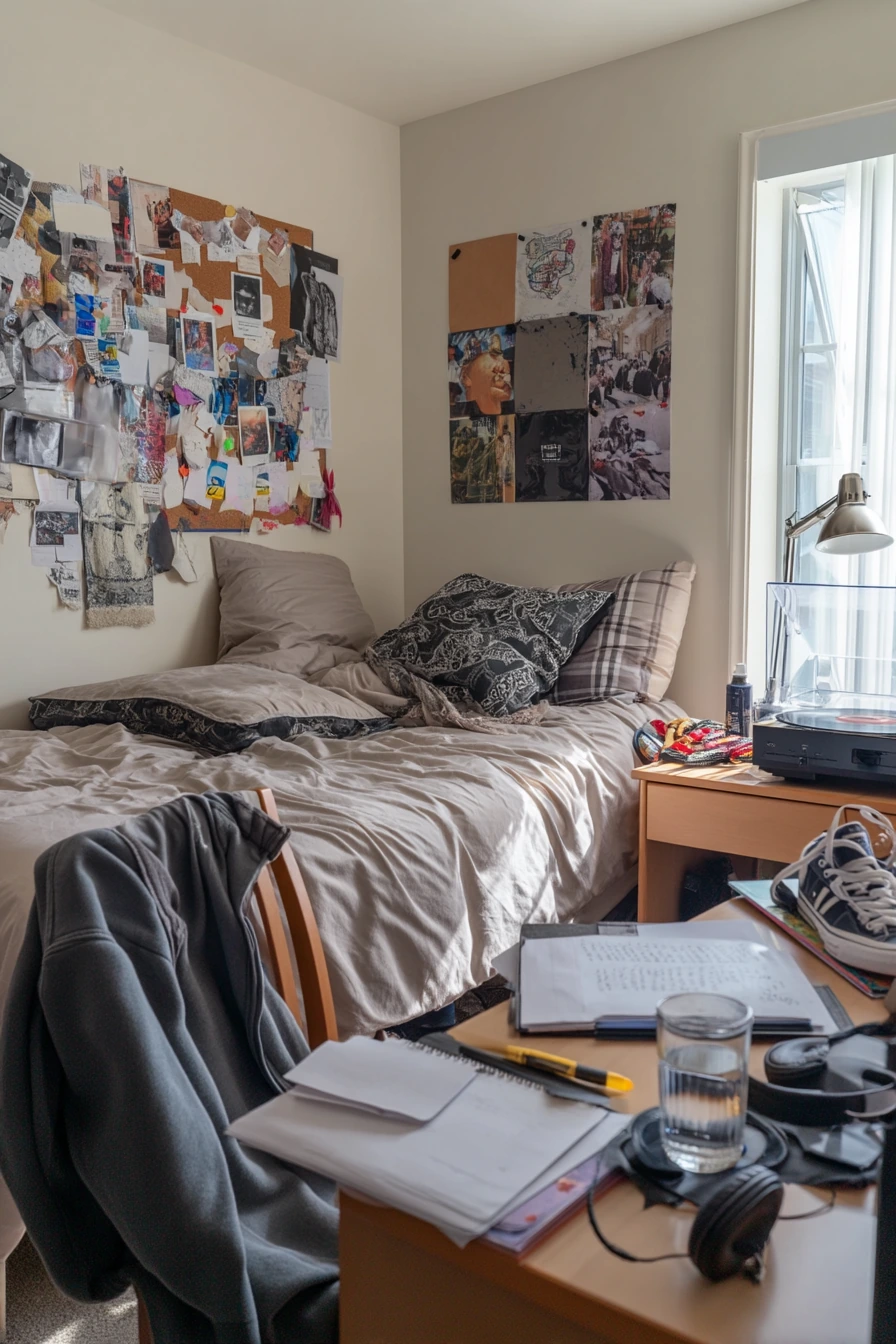 Teen Bedroom with Beige Walls and Mixed Media