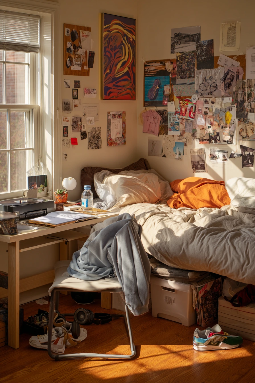 Teen Bedroom with Beige Walls and Mixed Media