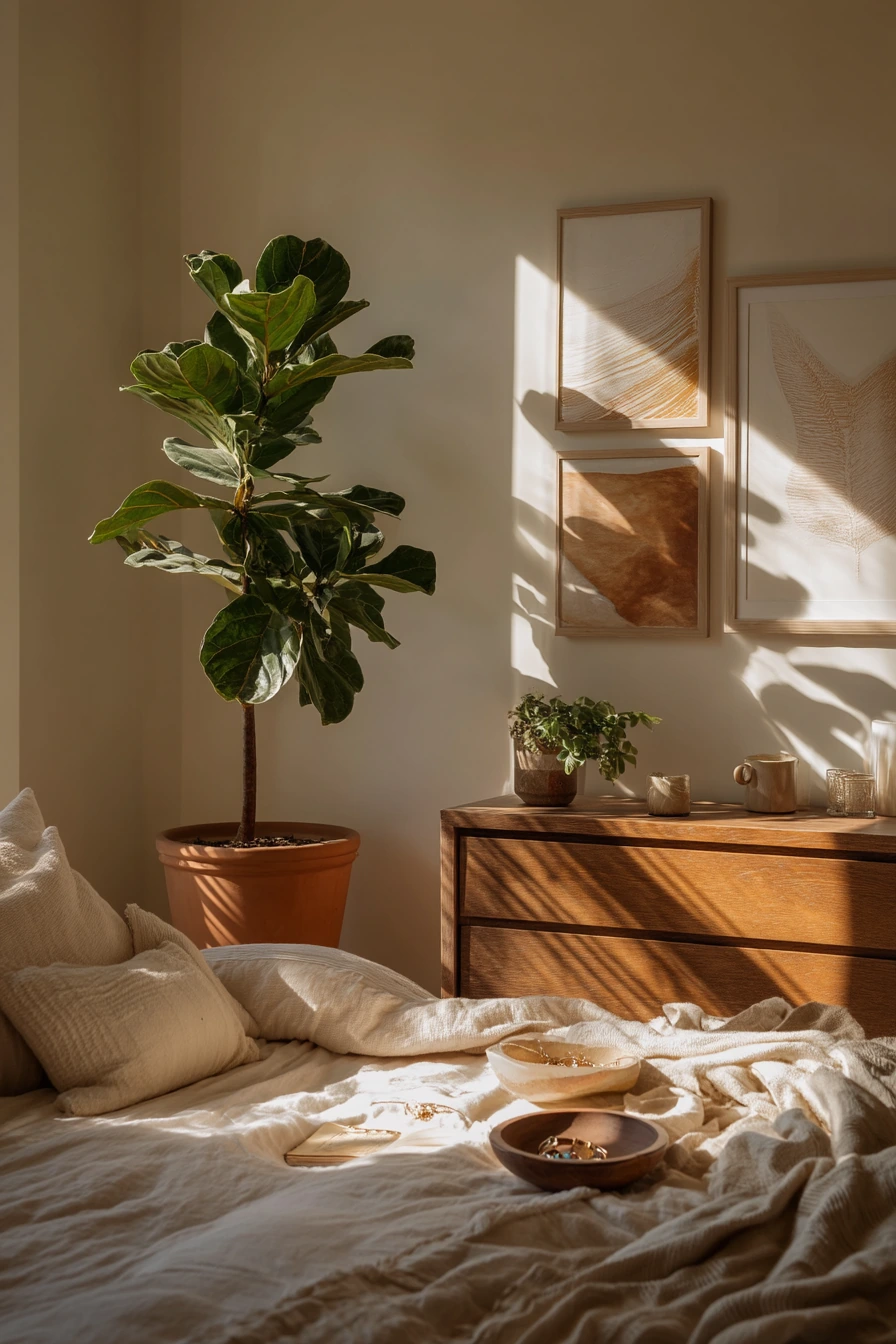 Sunlit Beige Bedroom with Plants and Art