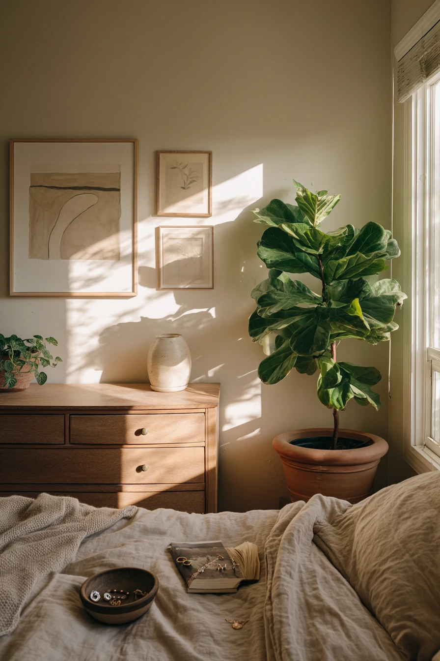Sunlit Beige Bedroom with Plants and Art