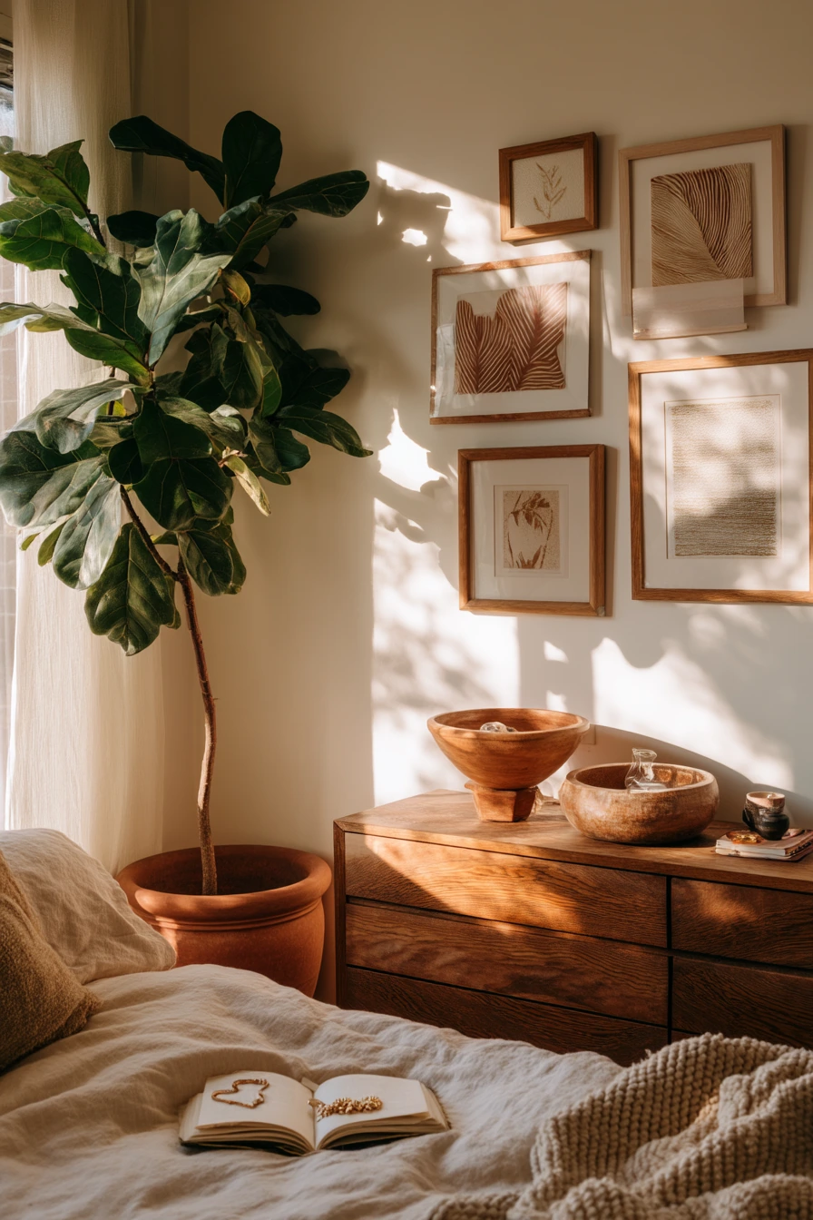 Sunlit Beige Bedroom with Plants and Art