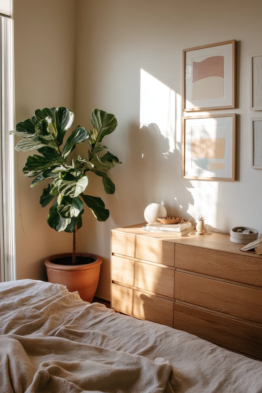 Sunlit Beige Bedroom with Plants and Art