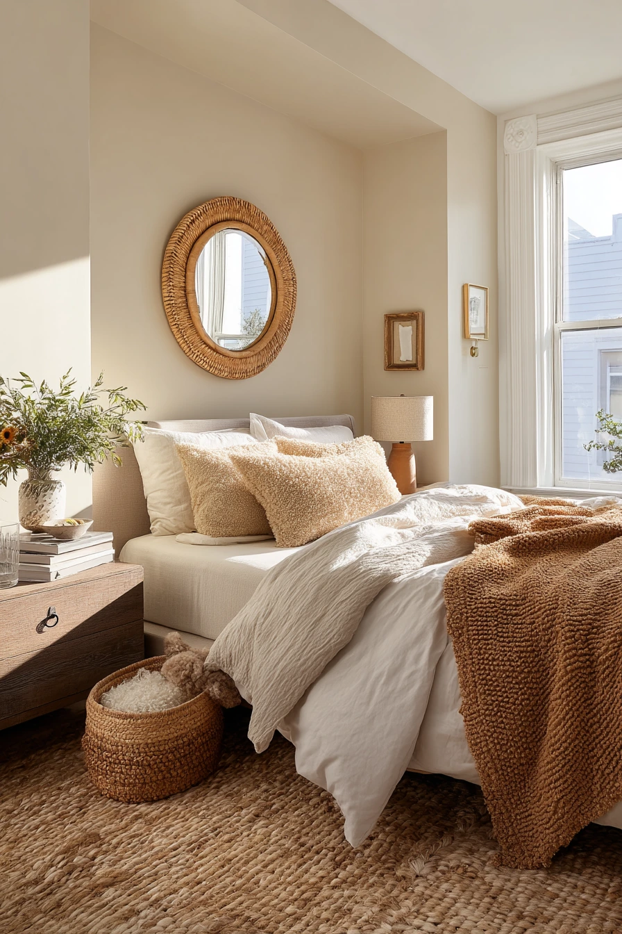 Beige Bedroom with Earthy Layered Decor