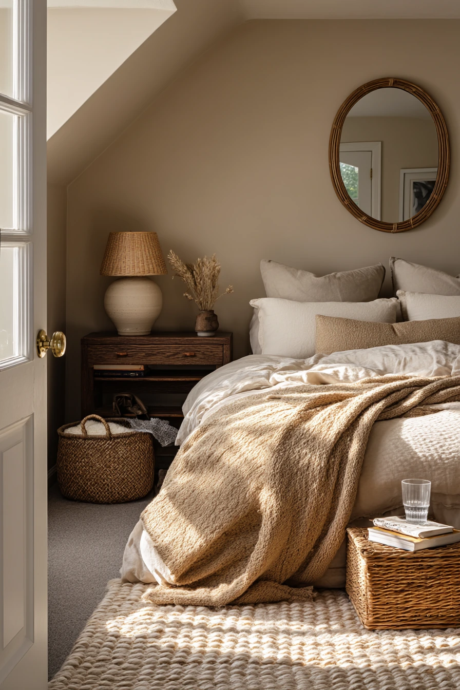 Beige Bedroom with Earthy Layered Decor