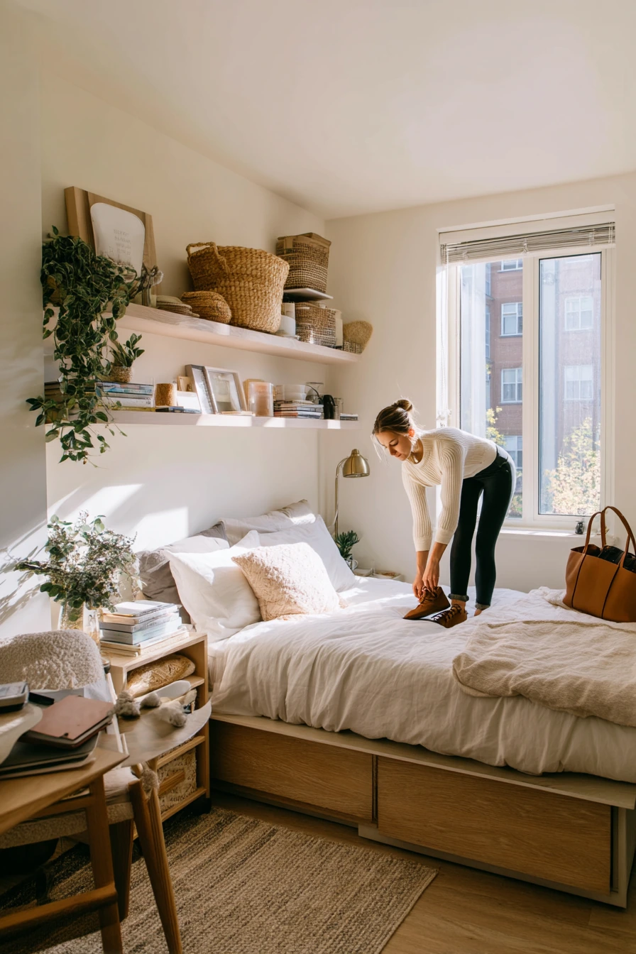 Small-Space Beige Bedroom with Clever Storage
