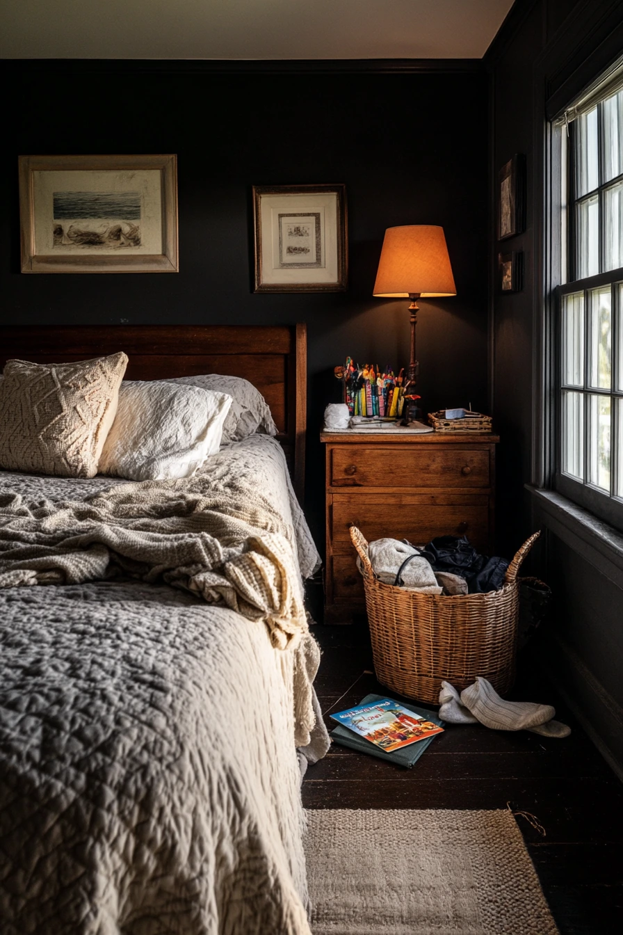 Black Walls With Warm Wood Layers