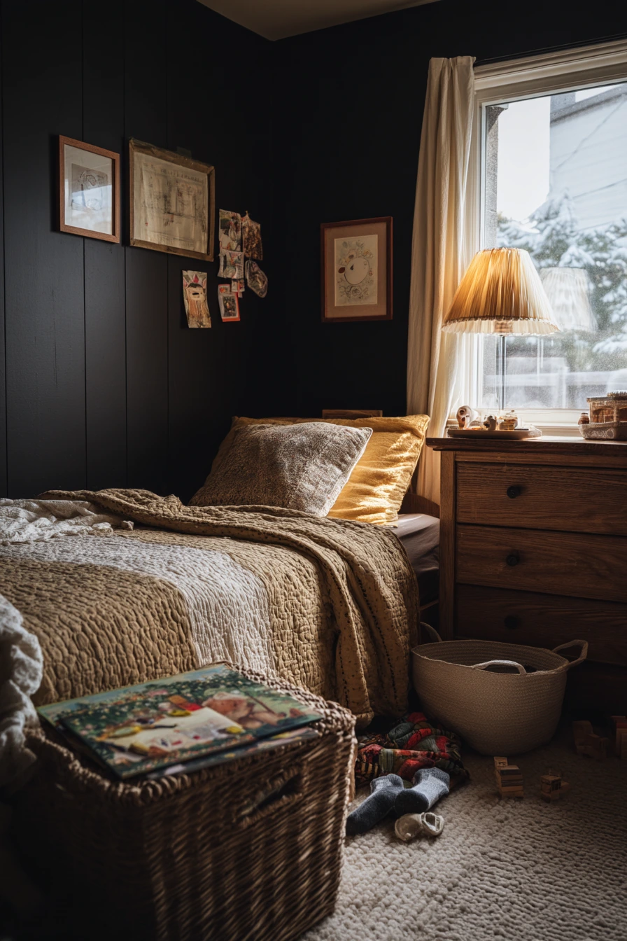 Black Walls With Warm Wood Layers