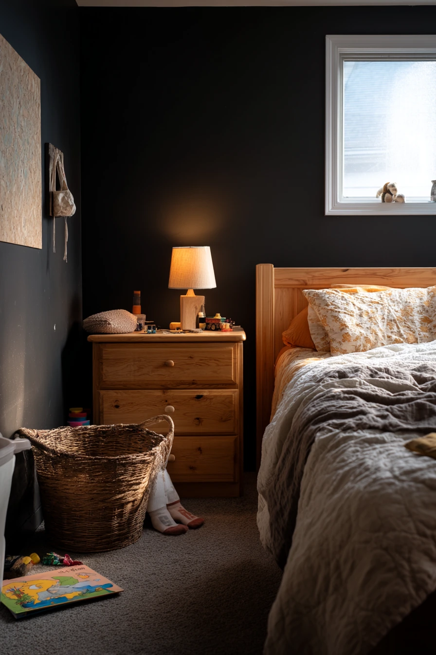 Black Walls With Warm Wood Layers
