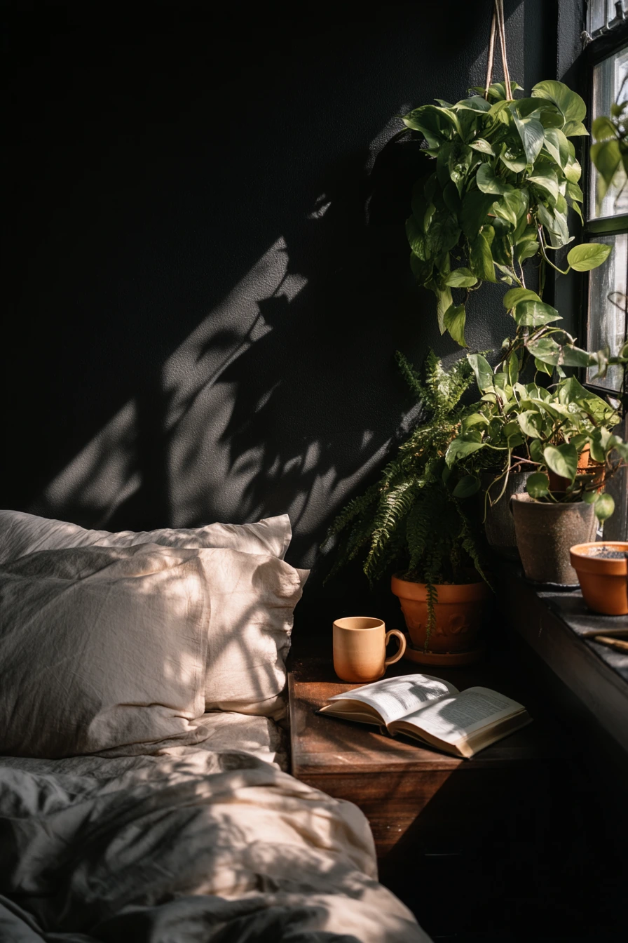 Plant-Filled Black Wall Bedroom