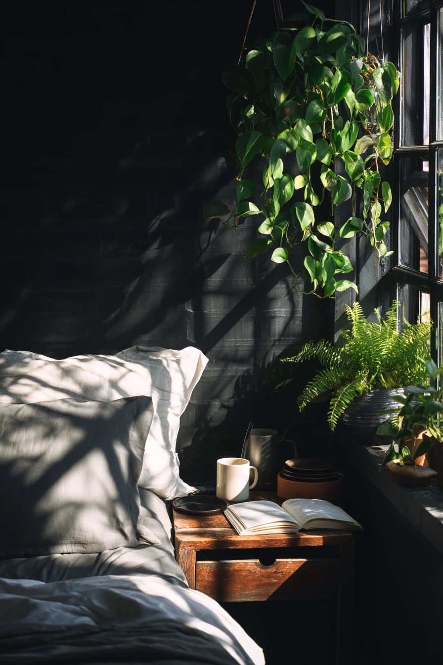 Plant-Filled Black Wall Bedroom