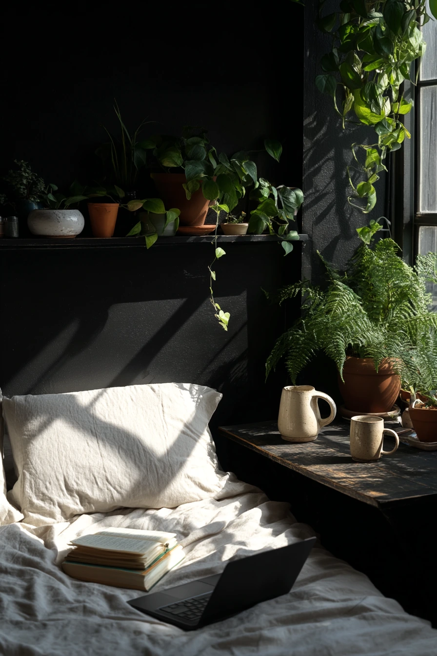 Plant-Filled Black Wall Bedroom