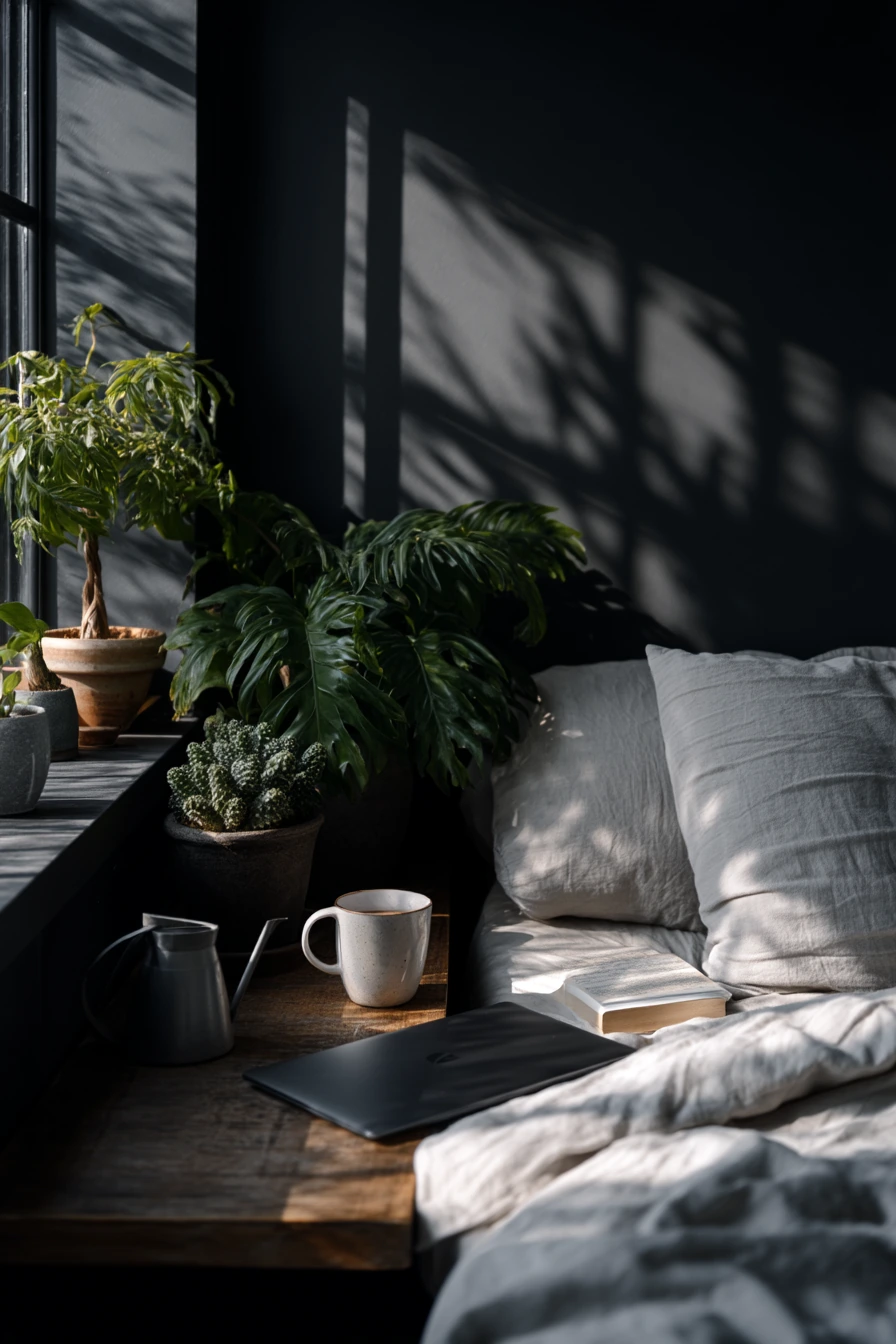 Plant-Filled Black Wall Bedroom