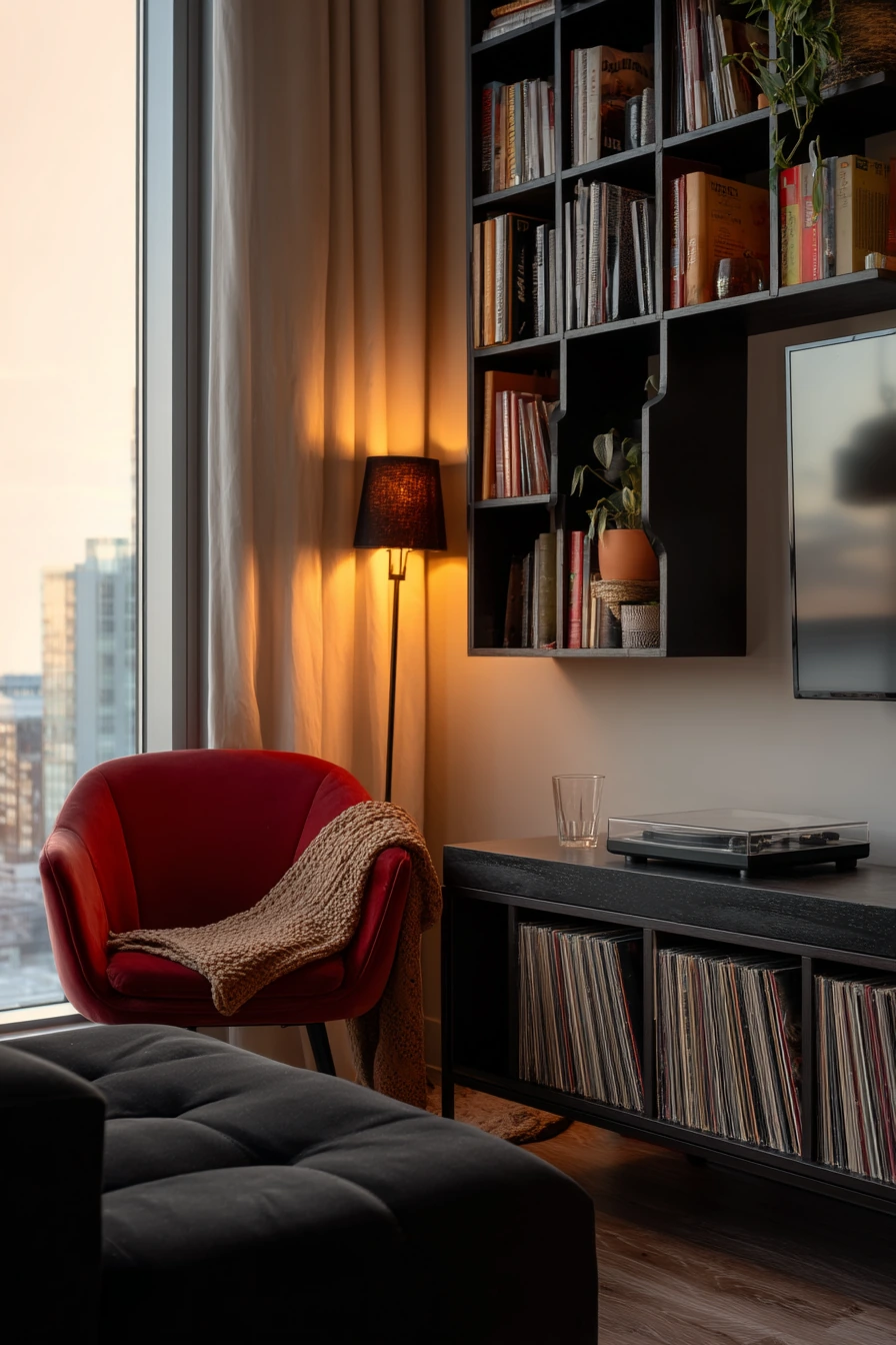 3. Moody Media Room with Red Decor