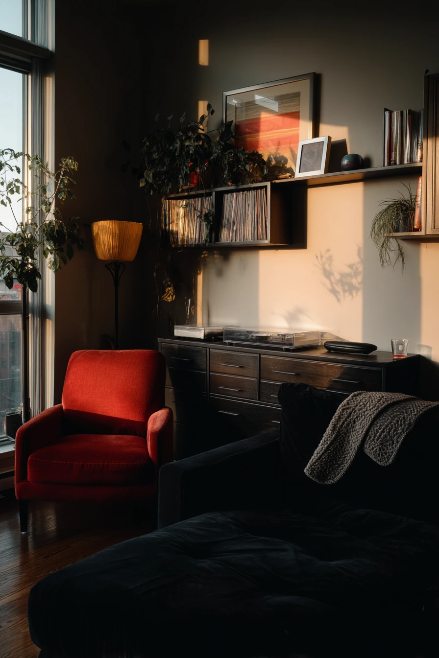 3. Moody Media Room with Red Decor