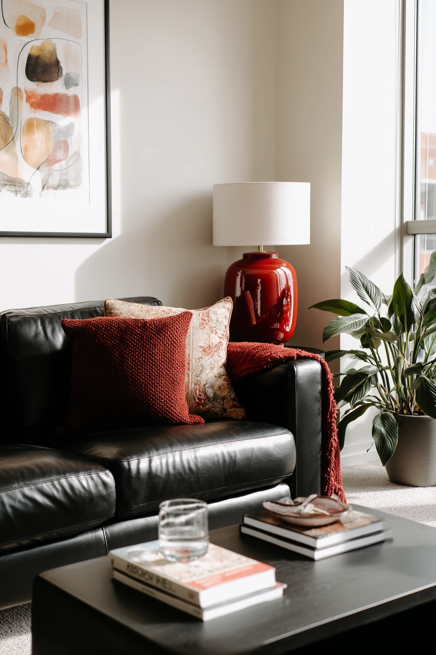 1. Compact Black-and-Red Apartment Living Room
