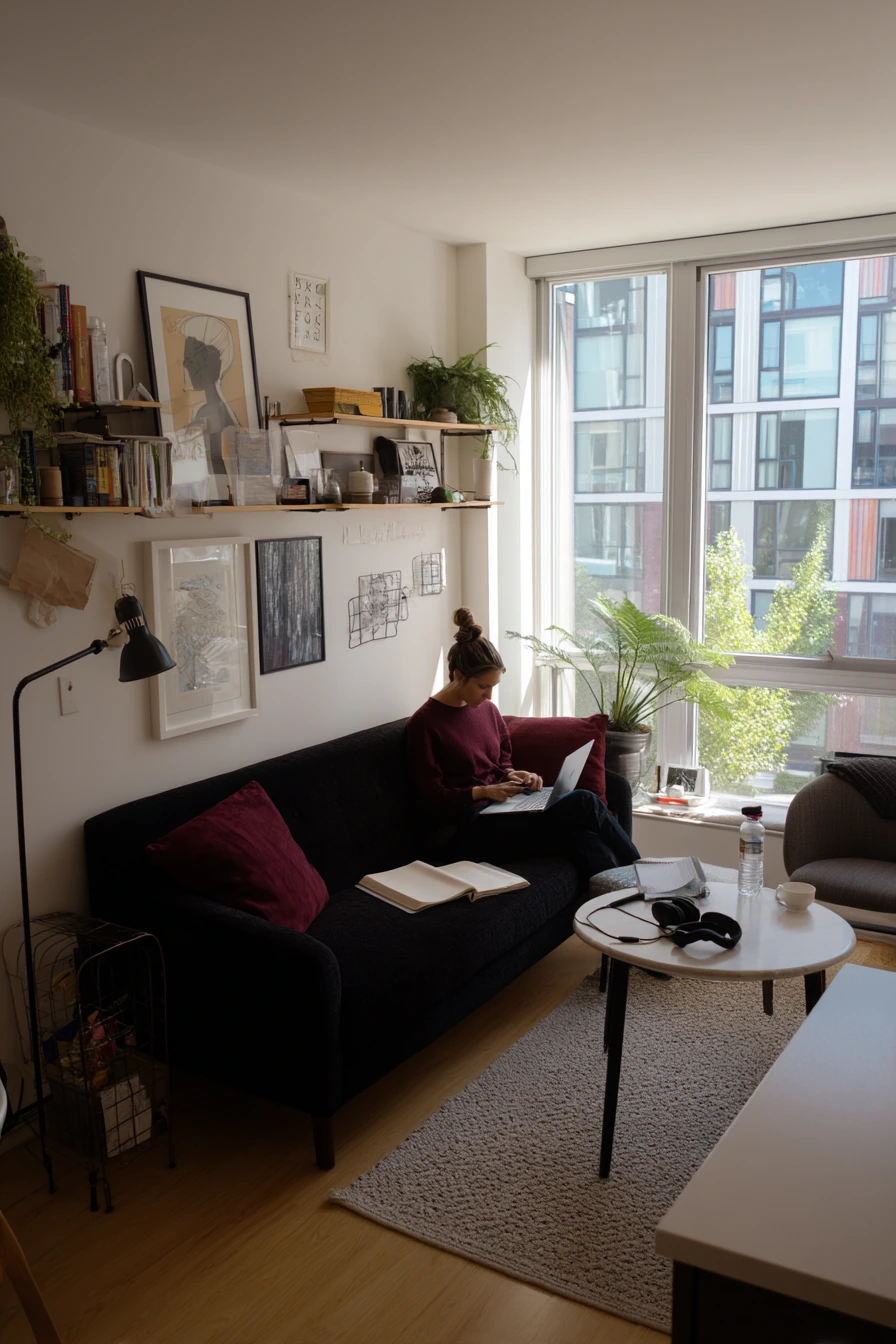 6. Small-Space Black and Red Studio Living Area
