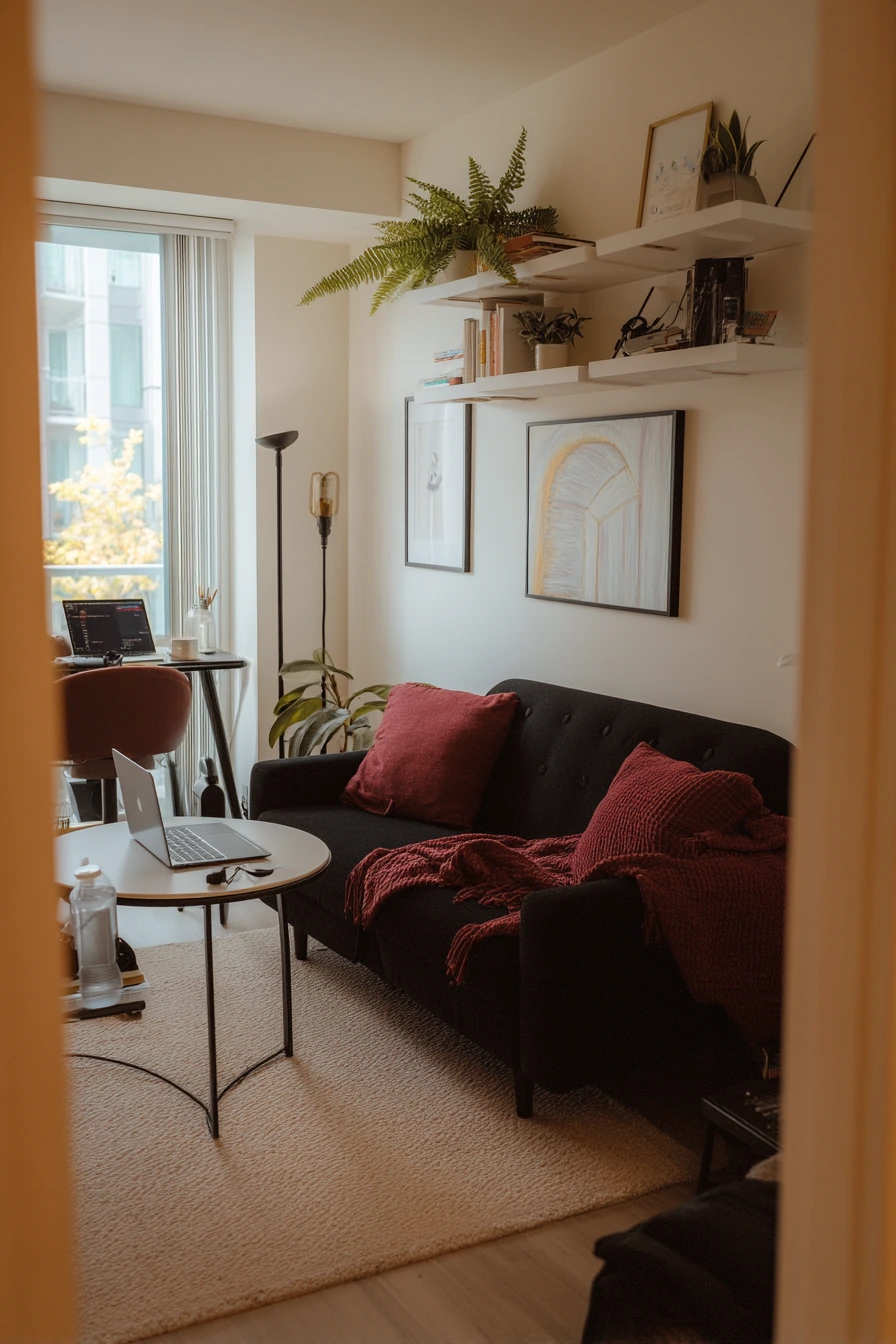 6. Small-Space Black and Red Studio Living Area