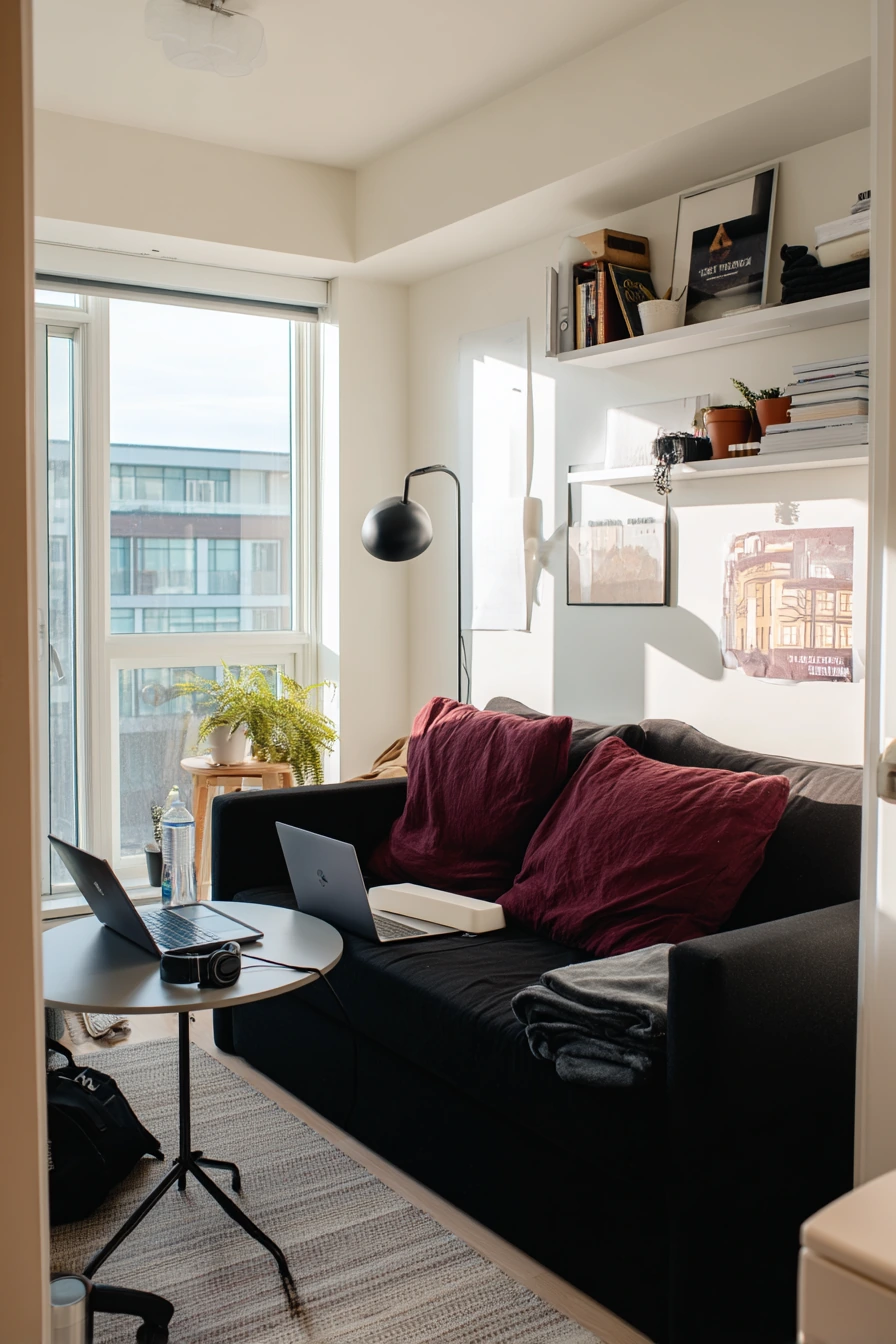 6. Small-Space Black and Red Studio Living Area