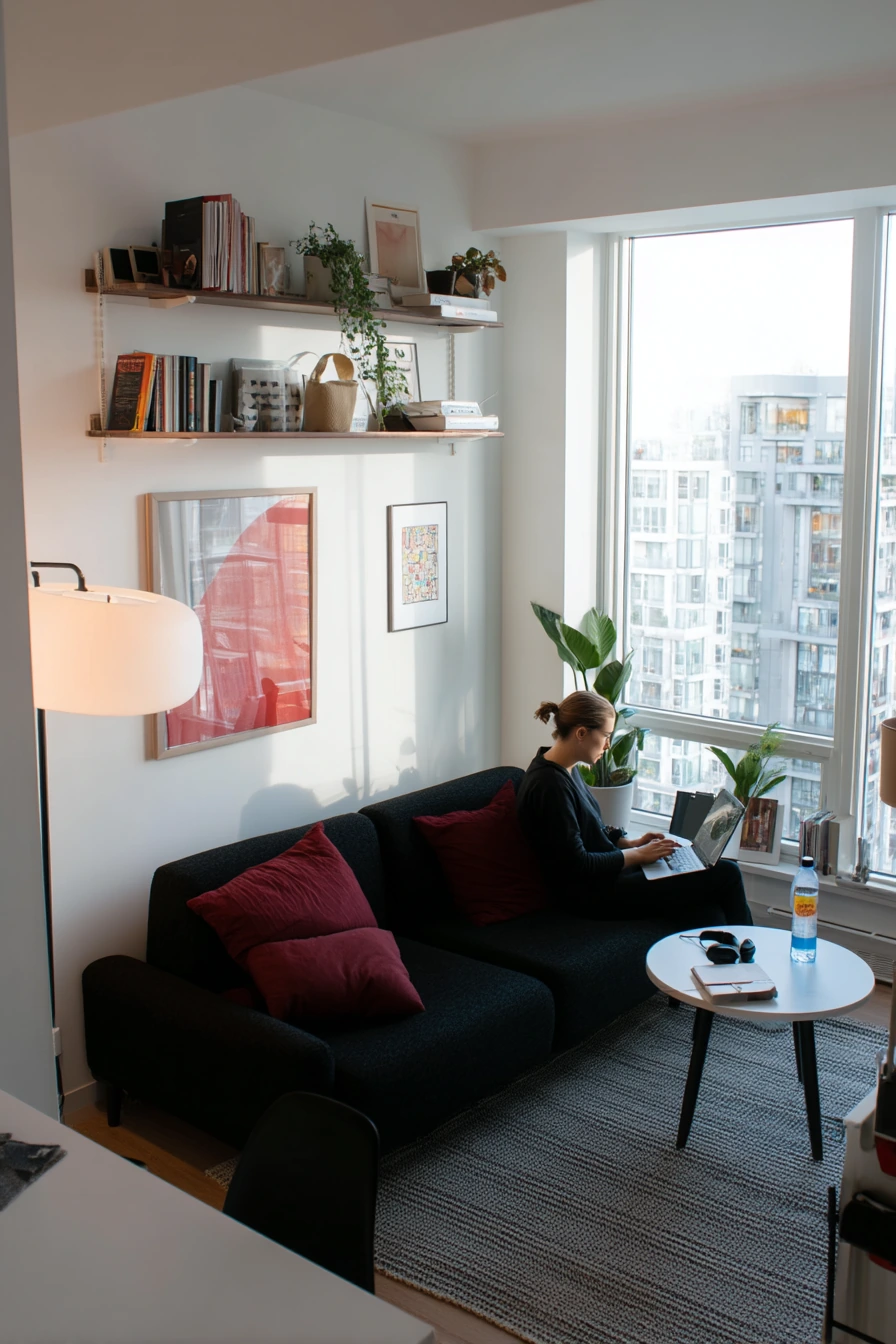 6. Small-Space Black and Red Studio Living Area