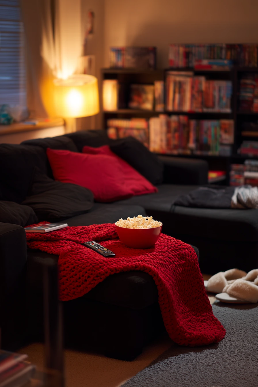 7. Family Movie Night Black and Red Living Room