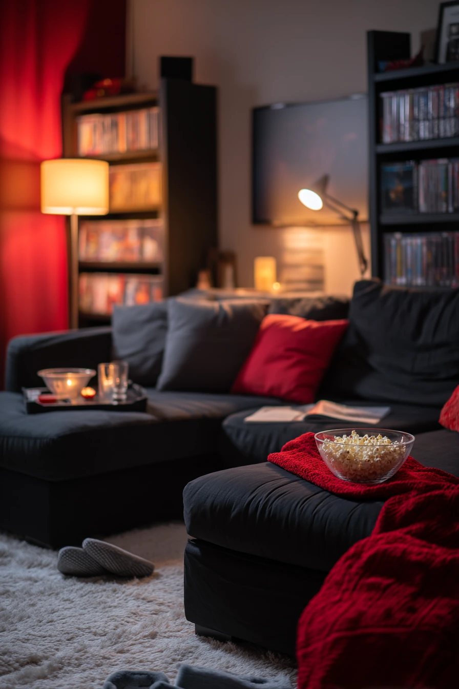 7. Family Movie Night Black and Red Living Room
