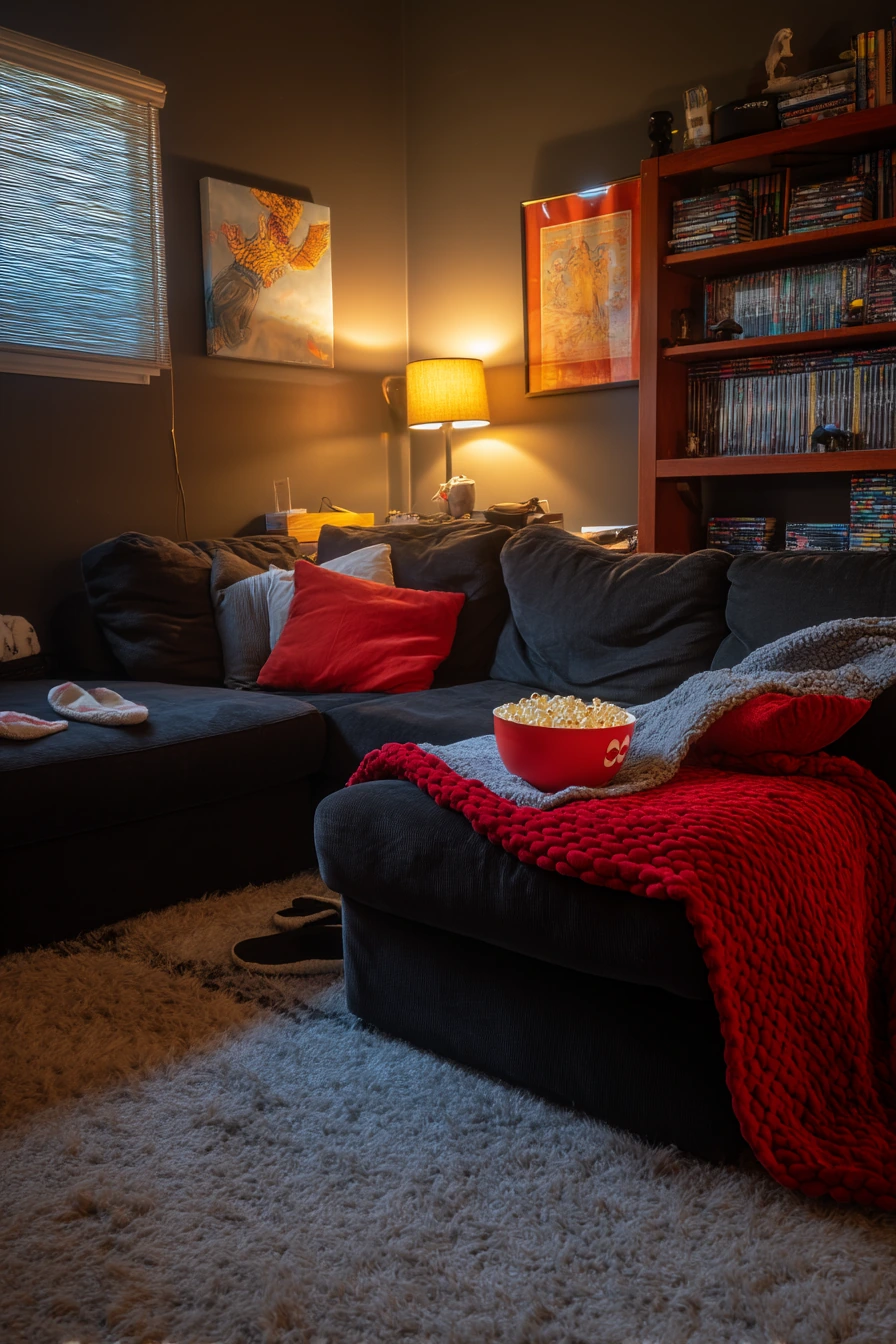 7. Family Movie Night Black and Red Living Room