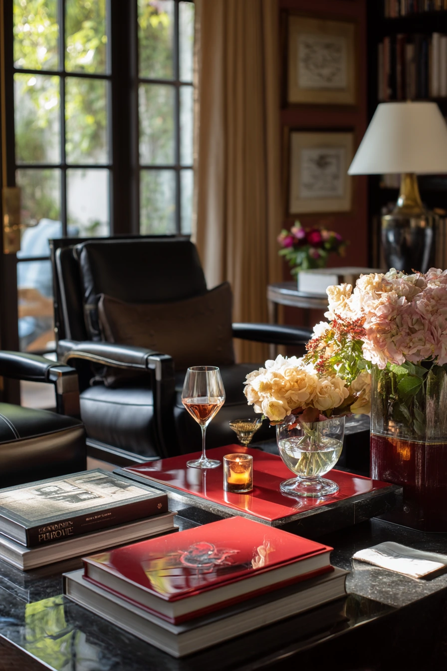 8. Sophisticated Black and Red Entertaining Space