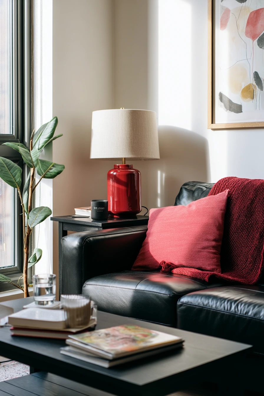 1. Compact Black-and-Red Apartment Living Room