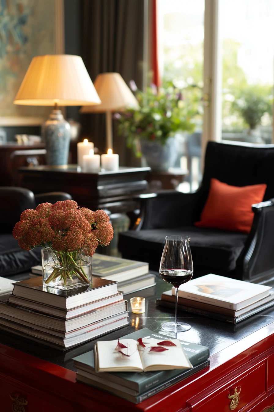 8. Sophisticated Black and Red Entertaining Space