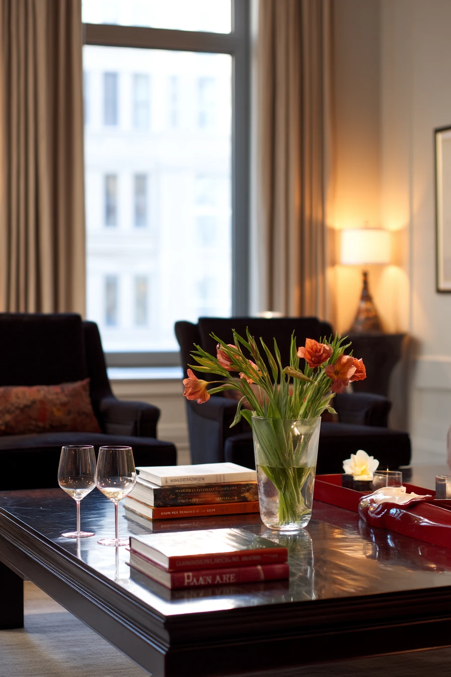 8. Sophisticated Black and Red Entertaining Space