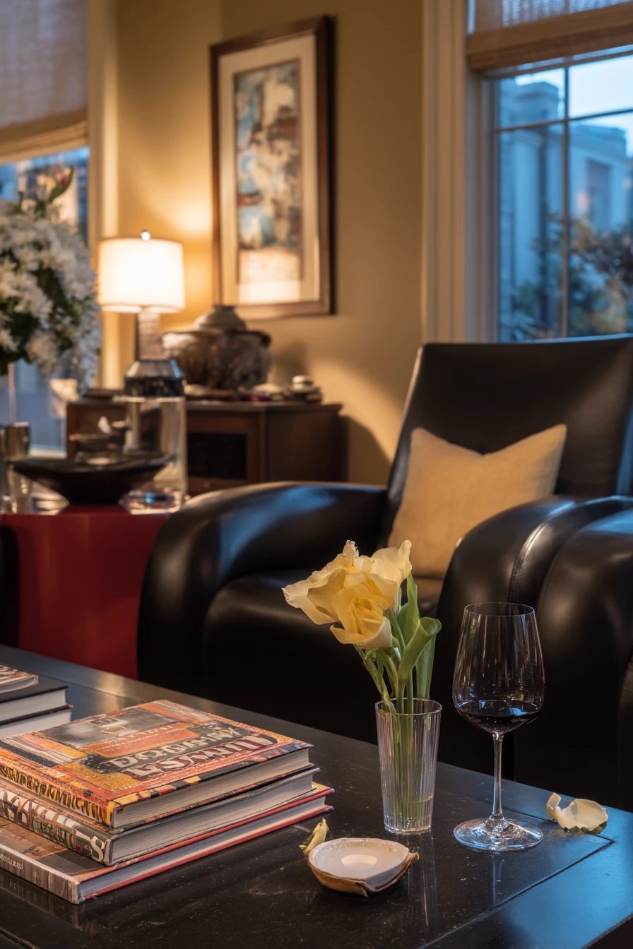 8. Sophisticated Black and Red Entertaining Space