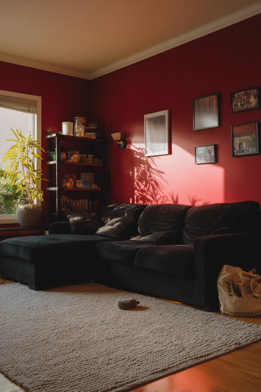 9. Red Statement Wall with Black Furniture