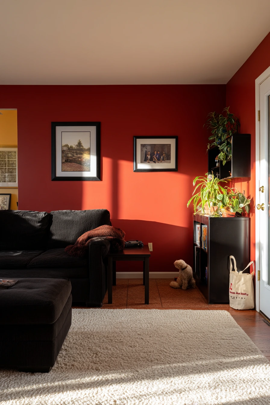 9. Red Statement Wall with Black Furniture