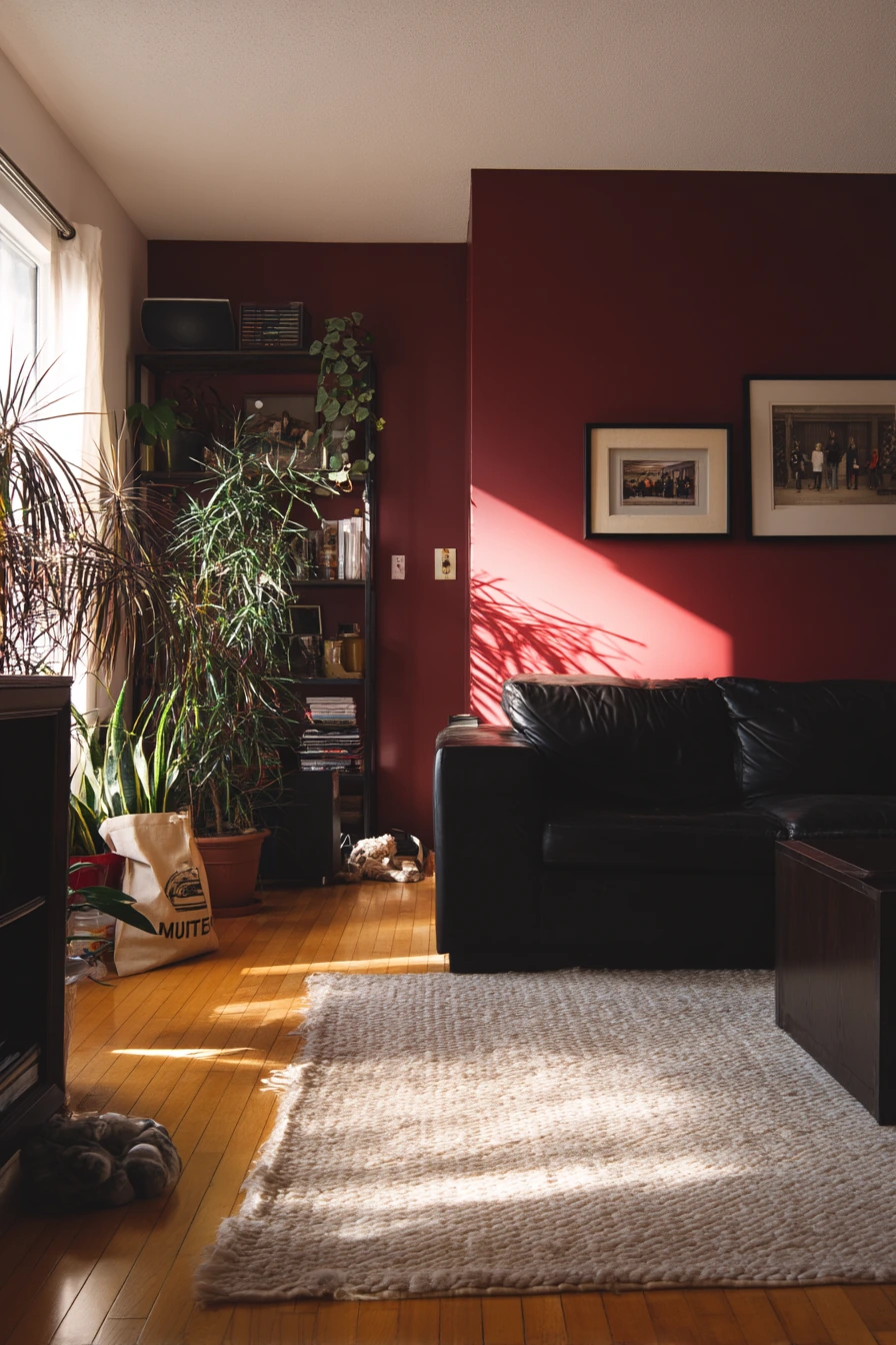 9. Red Statement Wall with Black Furniture