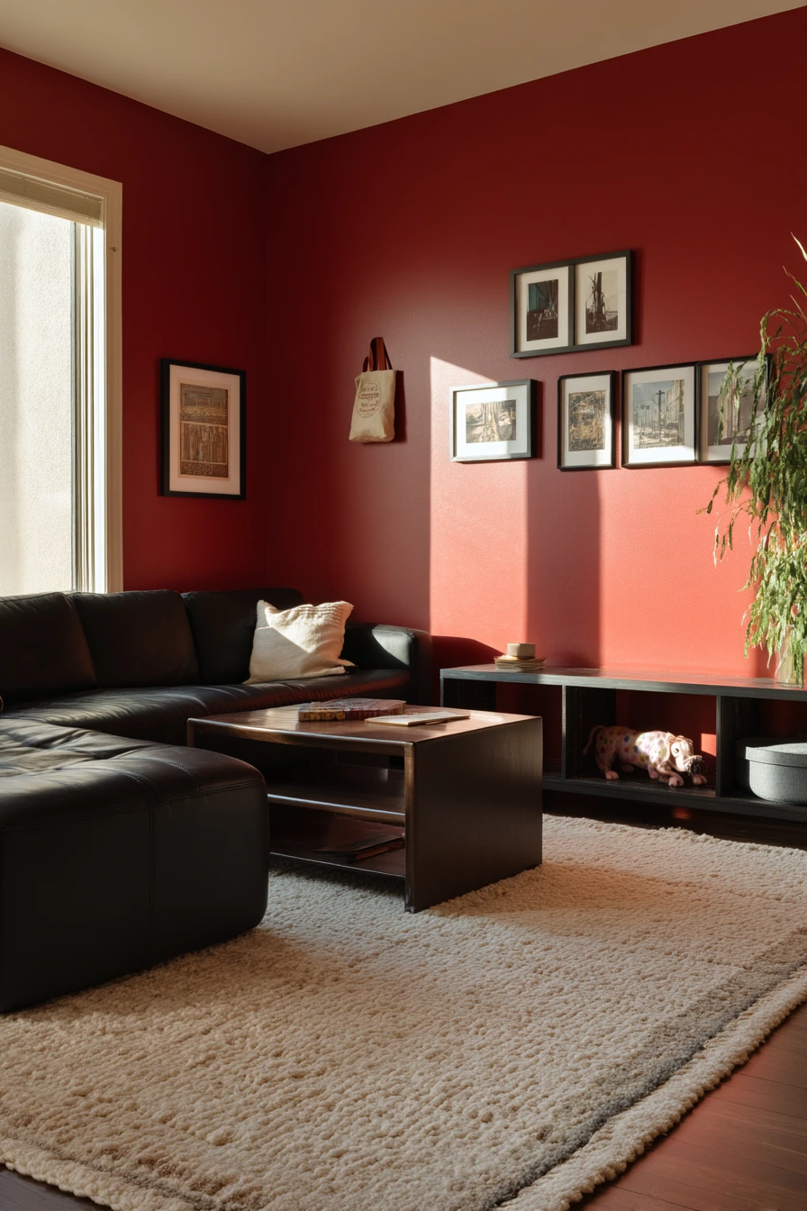 9. Red Statement Wall with Black Furniture