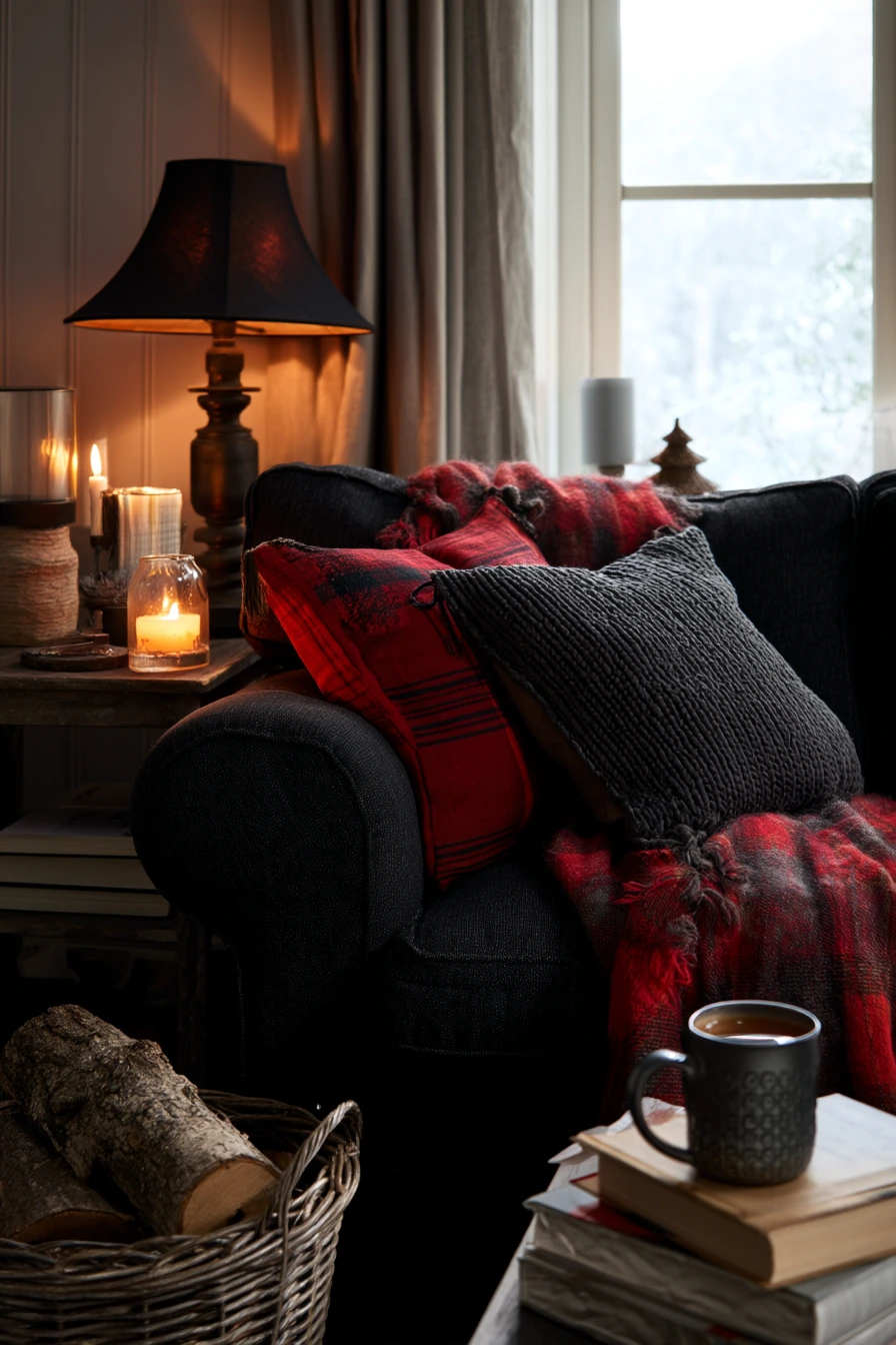 10. Cozy Winter Black and Red Living Room
