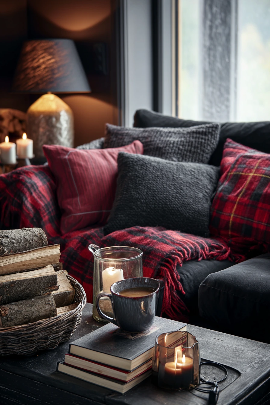 10. Cozy Winter Black and Red Living Room