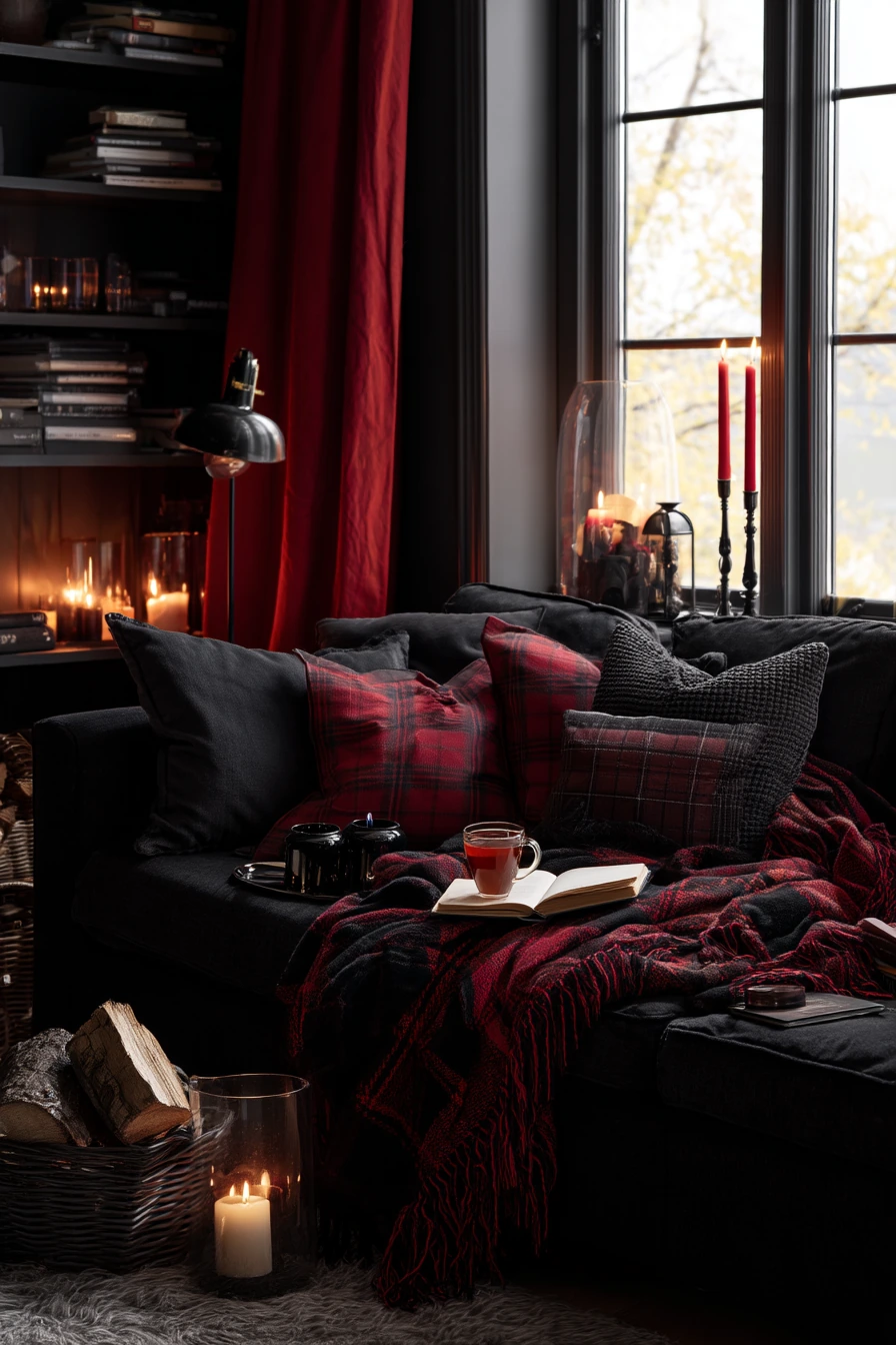 10. Cozy Winter Black and Red Living Room