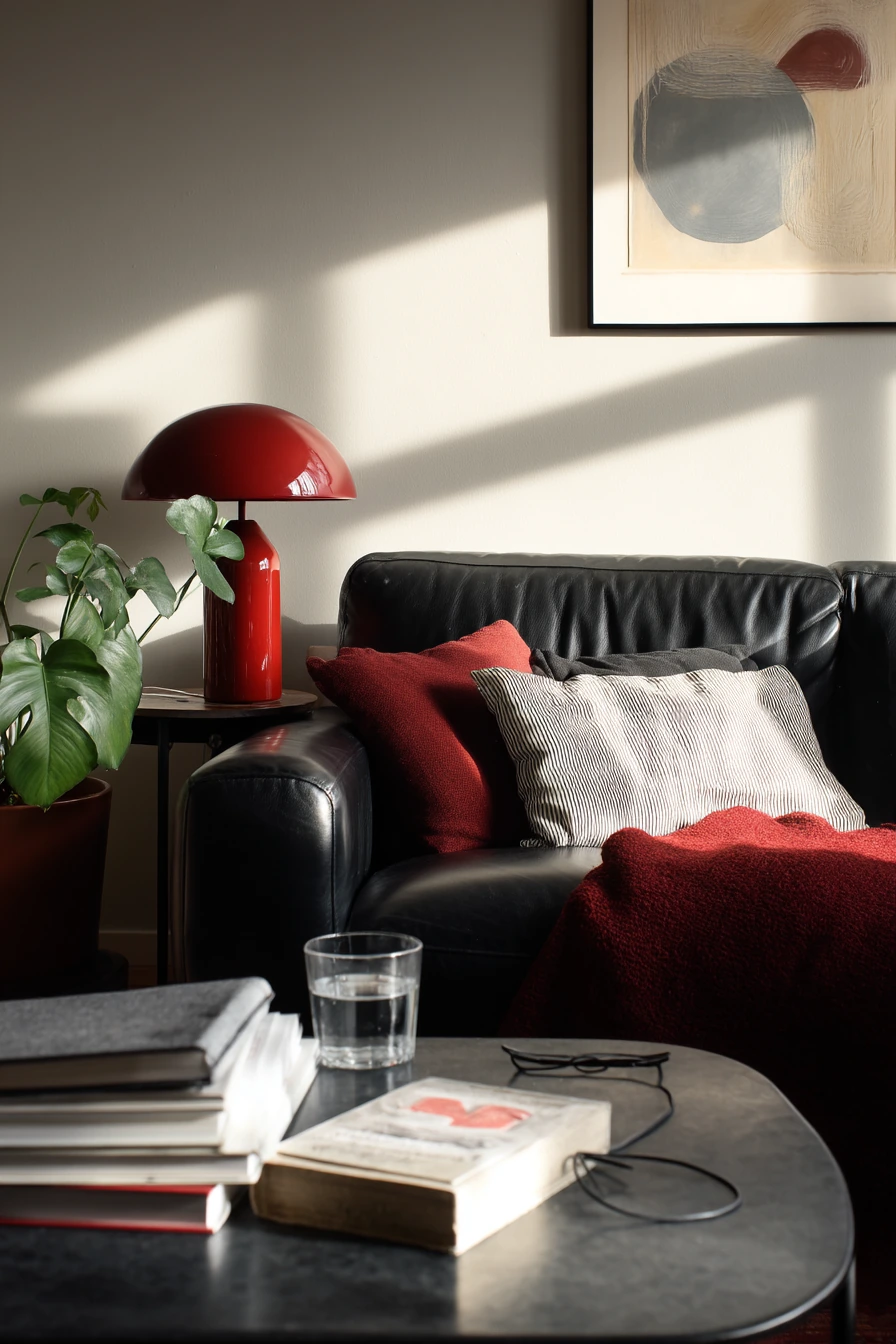 1. Compact Black-and-Red Apartment Living Room