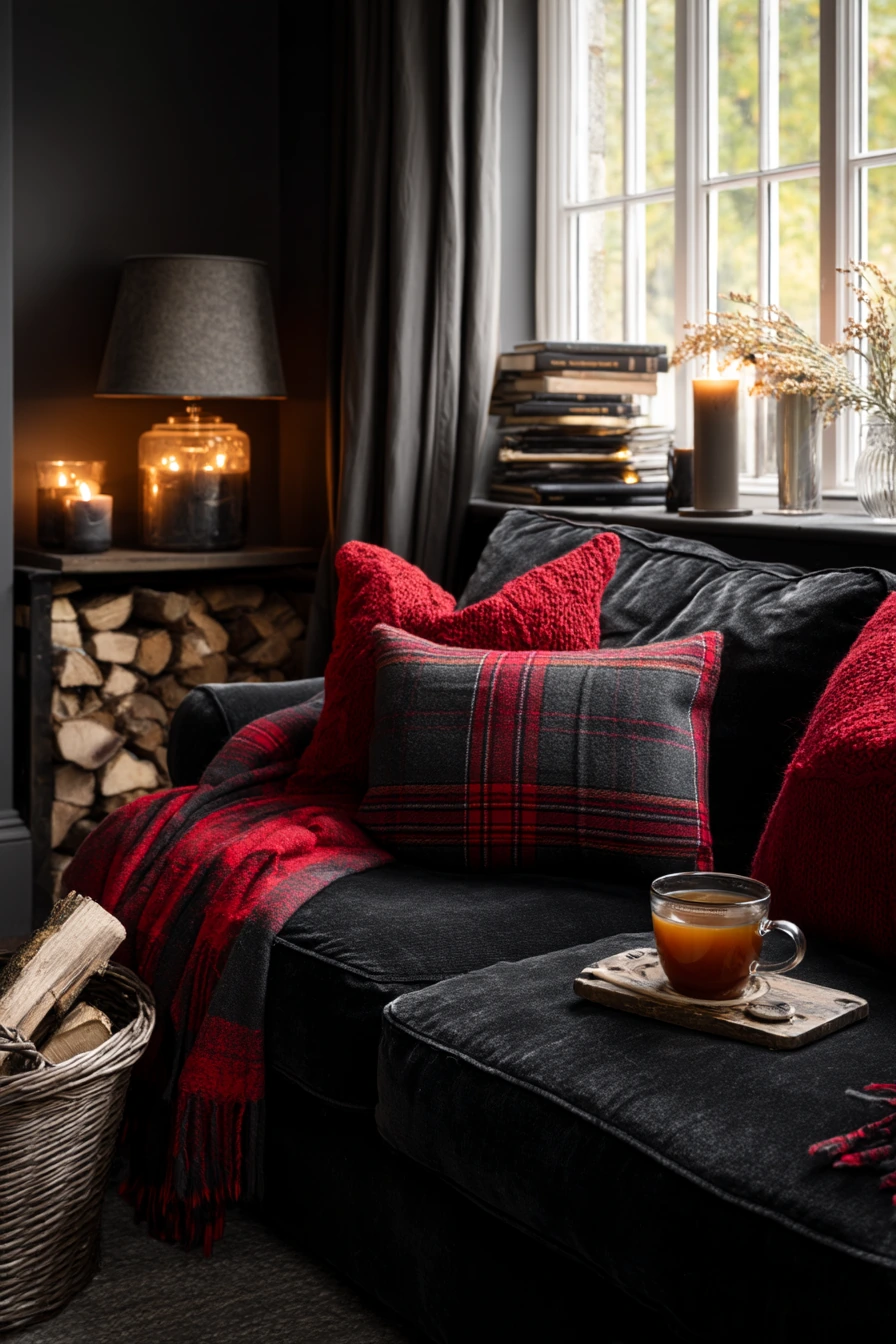 10. Cozy Winter Black and Red Living Room