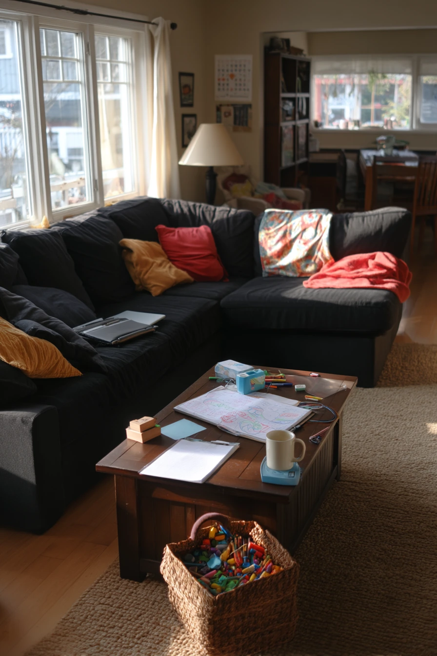 2. Family-Friendly Black Sofa with Red Accents