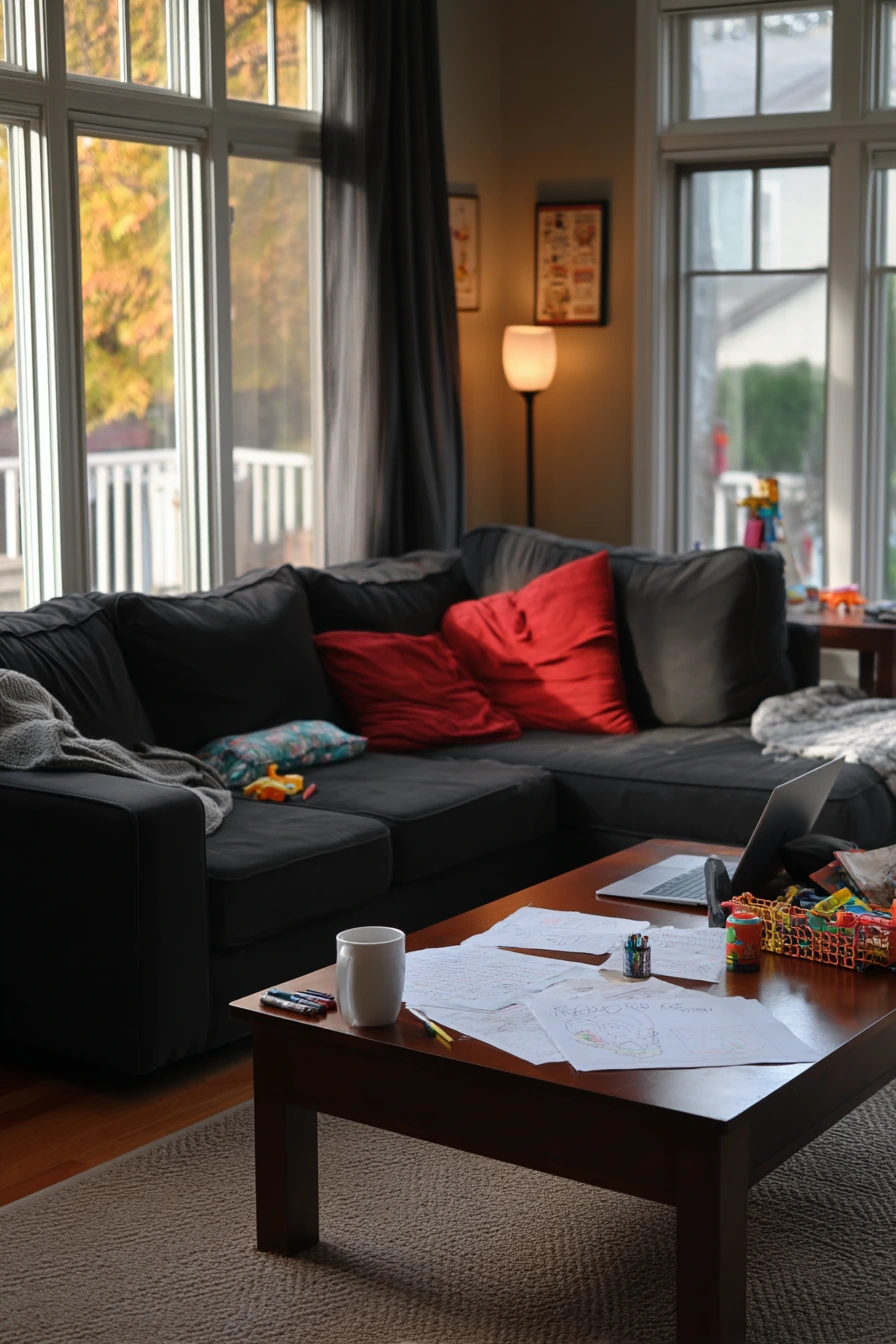 2. Family-Friendly Black Sofa with Red Accents