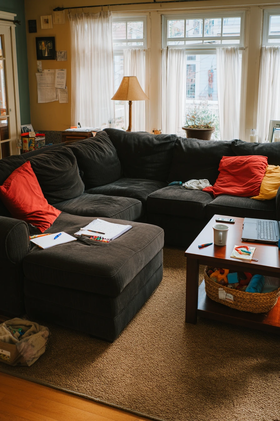 2. Family-Friendly Black Sofa with Red Accents
