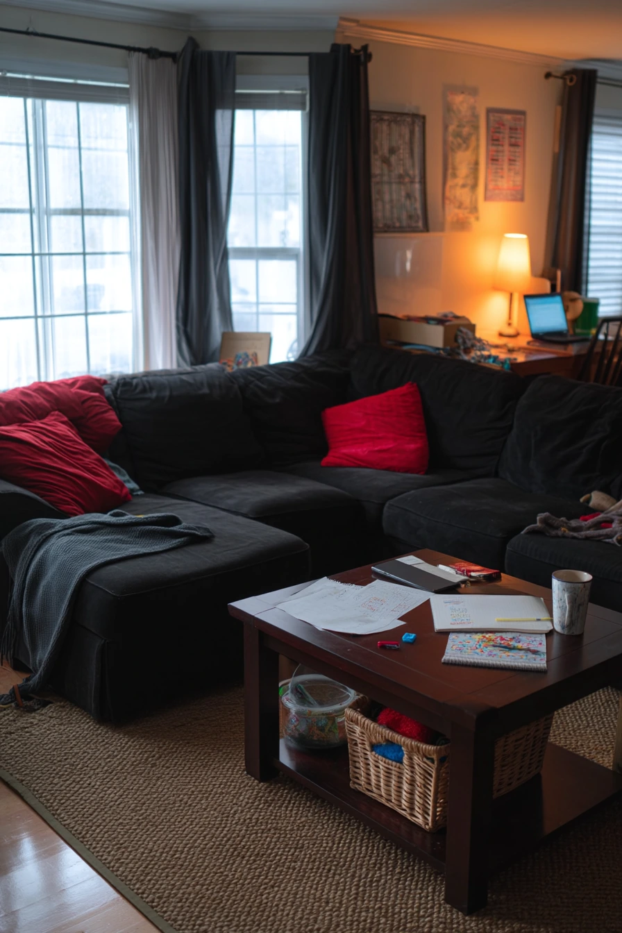 2. Family-Friendly Black Sofa with Red Accents