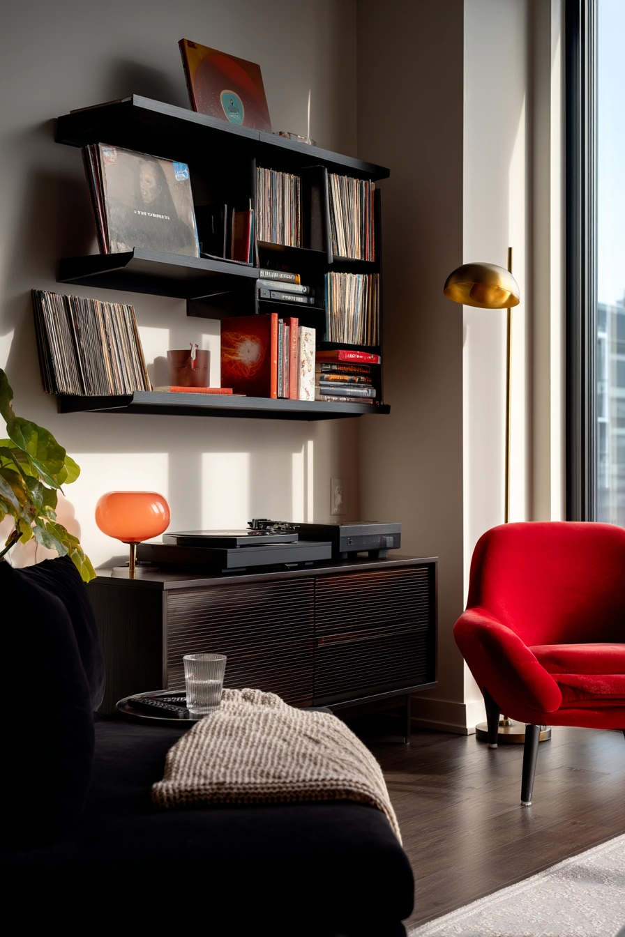 3. Moody Media Room with Red Decor