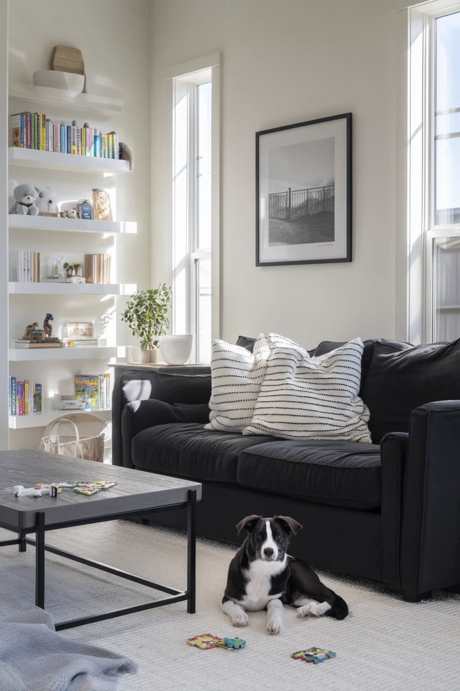 6. Pet-Friendly Black and White Family Room