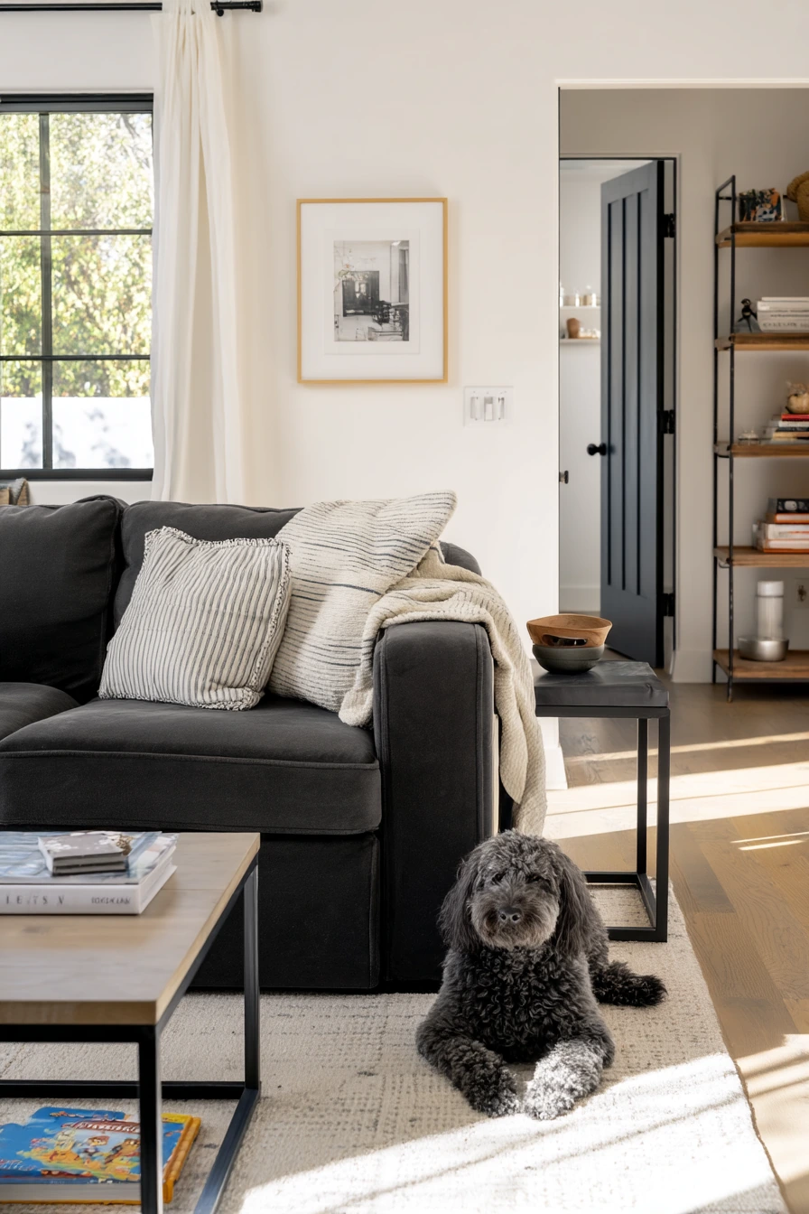 6. Pet-Friendly Black and White Family Room
